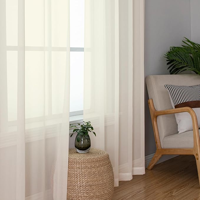 Lecloud Cream Sheer Curtains 84 Inches Long 2 Panels Set, Elegant Light Filtering Window Curtains with Rod Pocket, Airy Voile Transparent Dreaps for Living Room Decor, Each Panel 42 X 84 Inch