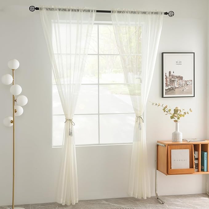 youleyar Solid Sheer Rod Pocket Curtain Voile Draperies 2 Panels White Beige Black Grey Coffee 70 Inch Width 72 Inch Long 1 Pair for Kitchen Bedroom Children Living Room Yard(Ivory,70Wｘ72L)
