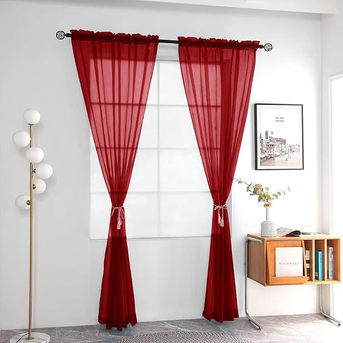 youleyar Solid Sheer Rod Pocket Curtain Voile Draperies 2 Panels White Beige Black Grey Ivory 52 Inch Width 72 Inch Long 1 Pair for Kitchen Bedroom Children Living Room Yard (Christmas Red,52Wｘ72L)