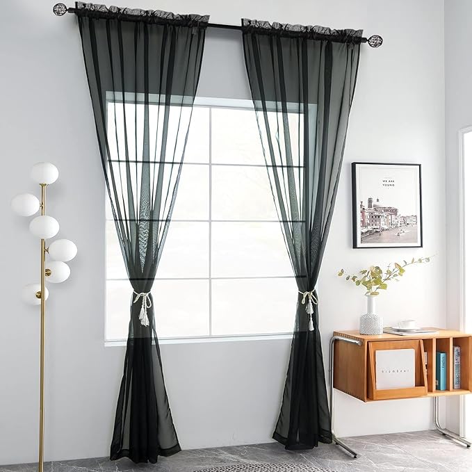 youleyar Solid Sheer Rod Pocket Curtain Voile Draperies 2 Panels White Beige Black Grey Coffee 52 Inch Width 96 Inch Long 1 Pair for Kitchen Bedroom Children Living Room Yard(Black,52Wｘ96L)