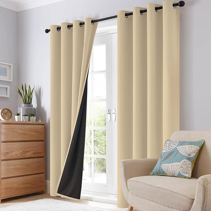 SimpleHome 100% Blackout Curtains for Bedroom,Thermal Insulated Beige Grommet Window Drapes Room Darkening Curtains for Living Room with Black Back,42 x 54 Inch,2 Panels