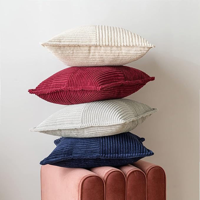 MIULEE Decorative Throw Pillow Covers for Couch Bed Livingroom 12x12 Inch Set of 2 Navy Blue Boho Accent Throw Pllows Broadside Striped Patchwork Soft Corduroy Summer Coastal Pillowcases