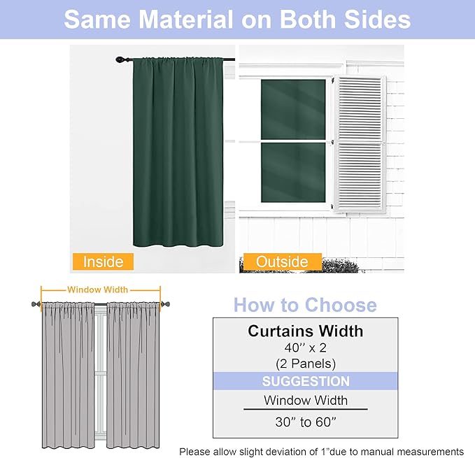Simplebrand Ava Ever Green Short 36 Inches Blackout Curtain 2 Panels Set, Half Window Rod Pocket Privacy Curtain Tiers for Kitchen, Curtains Blackout for Bathroom Shades, W40 x L36 Inch, Ever Green