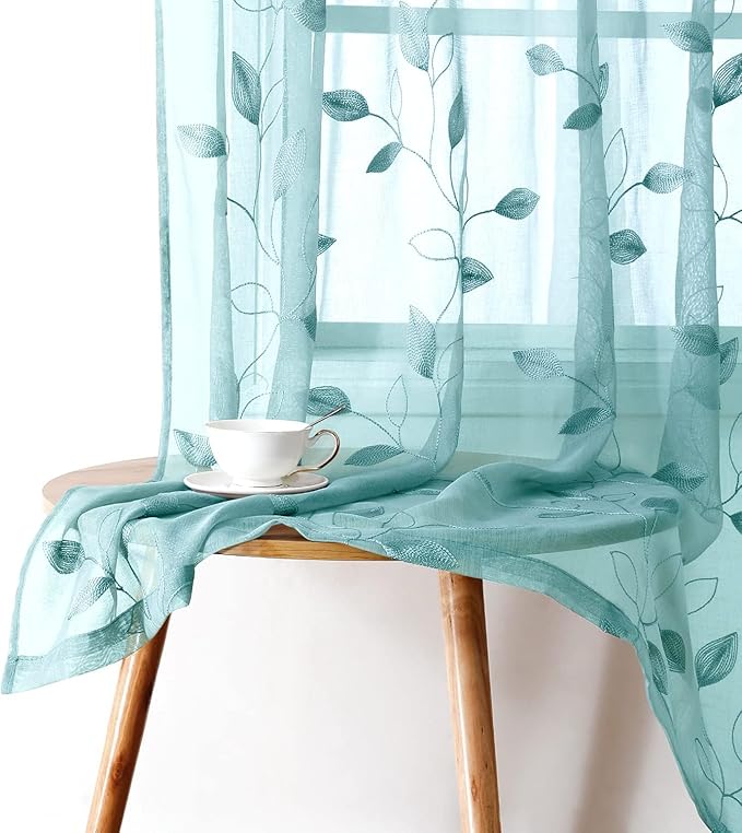 HOMEIDEAS Turquoise Aqua Sheer Curtains 52 X 96 Inches Length 2 Panels Embroidered Leaf Pattern Pocket Faux Linen Floral Teal Voile Window Drapes for Bedroom Living Room