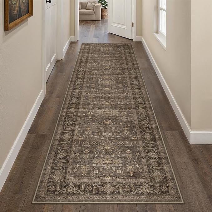 2'6x10 Washable Runner Rug for Hallway Kitchen Vintage Brown Non Slip Low Pile Carpet Traditional Retro Soft Throw Rug for Bathroom Bedroom Entryway Indoor Entrance