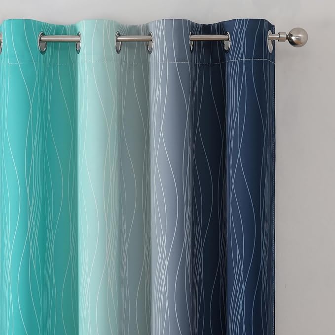 Estelar Textiler Navy Blue and Teal Gradient Blackout Curtains for Sliding Door, Thermal Insulated Ombre Blackout Drapes, Full Light Blocking Energy Saving Curtains for Living Room,52Wx108L,2 Panels