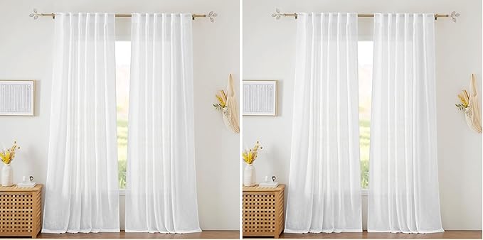 RYB HOME Linen Sheer Curtains for Living Room Textured Semi Sheer Curtains Large Window Treatment for Bedroom Patio Door, White, 52 inch Width x 108 inch Length, 2 Panels (Pack of 2)