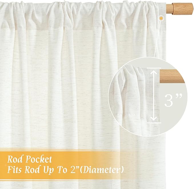 LAMIT Natural Ivory Linen Curtains for Windows 2 Panels Set, 48 Inch Faux Linen Textured Light Filtering Drapes Soft Rod Pocket Boho Privacy Panels for Farmhouse/Loft, 42 x 48 Inch