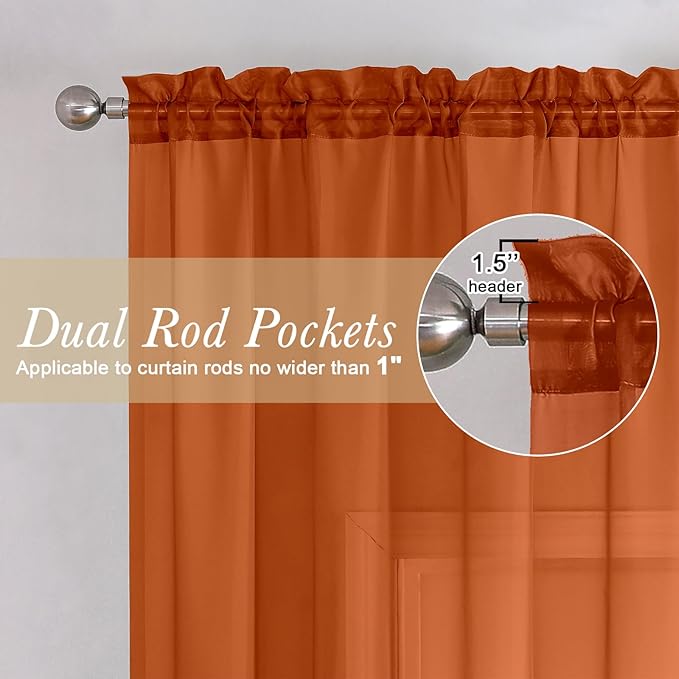 Lecloud Orange Sheer Curtains 63 Inch Length 2 Panels Set, Window Curtains for Bedroom, Voile Solid Light Filtering Living Room Drapes with Rod Pocket, Each Panel 42 X 63 Inch