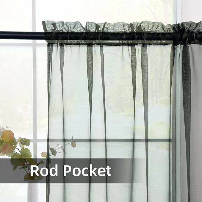 youleyar Solid Sheer Rod Pocket Curtain Voile Draperies 2 Panels White Beige Black Grey Coffee 70 Inch Width 63 Inch Long 1 Pair for Kitchen Bedroom Children Living Room Yard(Black,70Wｘ63L)