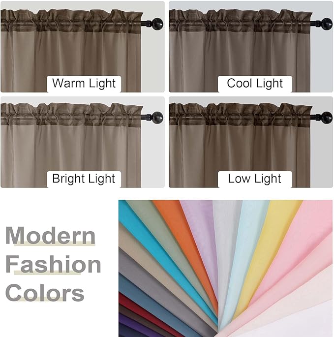 Chocolate Valances for Windows, Sheer Curtains 14 Inch Length 2 Pack Kitchen Curtain, Modern Solid Mini Small Window Curtains for Cafe Bathroom Basement, Chocolate, Each 42" Wx14 L Inches