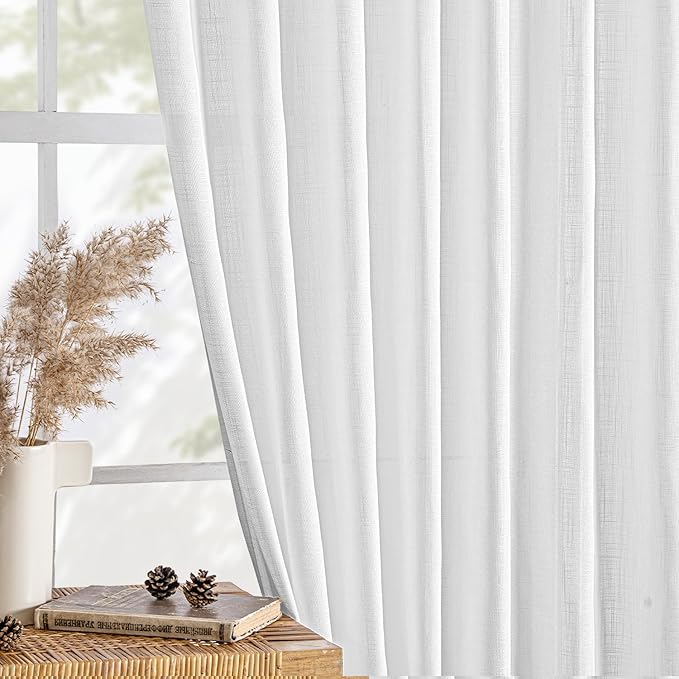MIULEE White Linen Curtains 72 Inch Long 2 Panels for Bedroom Living Room, Soft Thick Linen Textured Back Tab Window Drapes Semi Sheer Light Filtering Rod Pocket Modern Farmhouse Decor