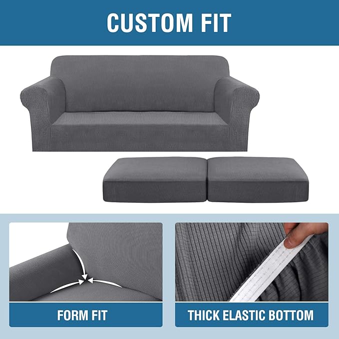 H.VERSAILTEX 3 Piece Stretch Sofa Covers for 2 Cushion Sofa Couch Covers for Living Room Furniture Cover (Base Cover Plus 2 Seat Cushion Covers) Thicker Jacquard Fabric(Large Sofa, Grey)