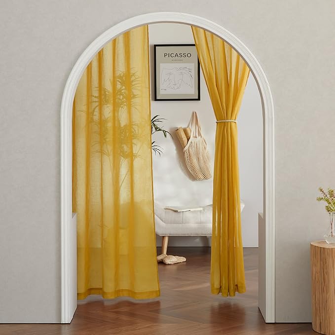 NICETOWN Citrine Linen Curtains 108 inches Long, Grommet Decorative Semi Sheer Gold Curtains Linen Blend Window Drapes Privacy with Light Filtering for Living Room, W52 x L108, 2 Panels