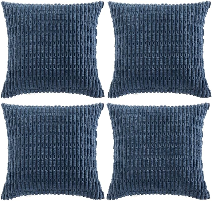 Fancy Homi 4 Packs Dusty Blue Decorative Throw Pillow Covers 24x24 Inch for Living Room Couch Bed Sofa, Rustic Farmhouse Boho Home Decor, Soft Plush Striped Corduroy Square Cushion Case 60x60 cm