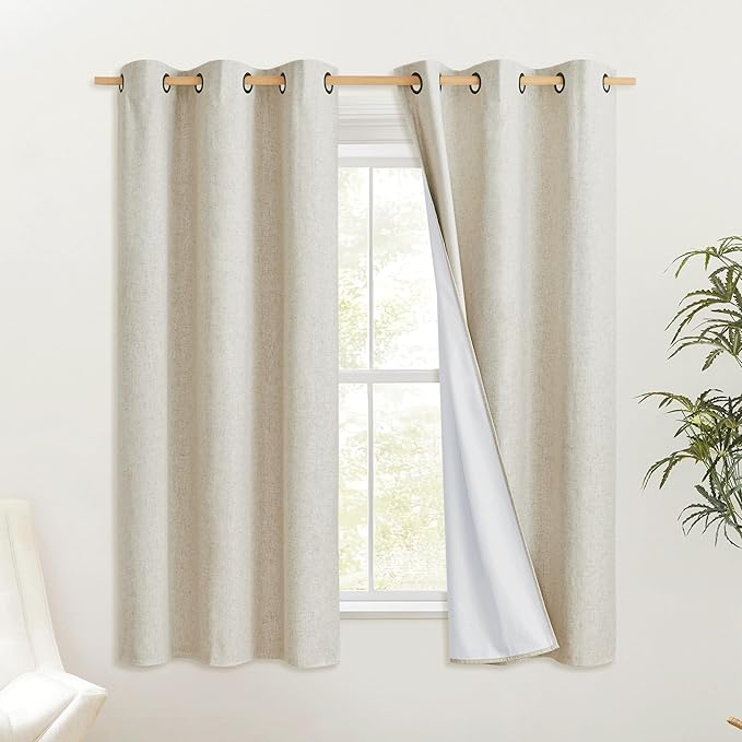 NICETOWN Natural Kitchen 100% Blackout Narrow Curtains 48 inches Long 2 Panels Set, 34" Wide, Rustic Grommet Thermal Insulated Full Blackout Window Draperies with White Liners for Cupboard