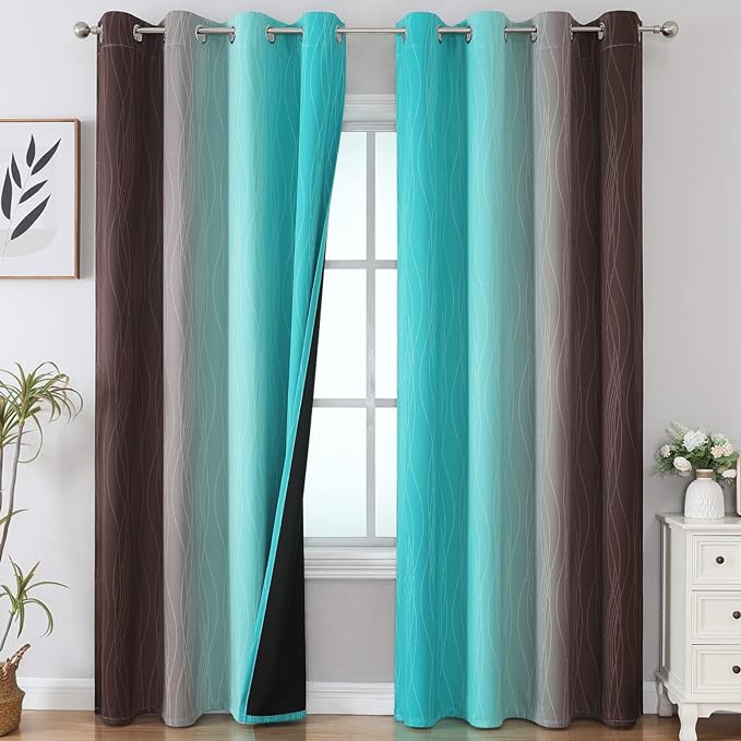 Estelar Textiler Brown and Teal Gradient Blackout Curtains for Bedroom, Ombre Thermal Insulated Noise Reducing Blackout Drapes for Living Room, Full Room Darkening Grommet Curtains, 52Wx84L, 2 Panels