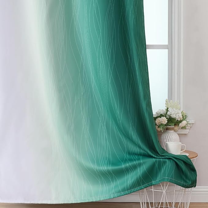 Estelar Textiler Green and Greyish White Blackout Curtains 45 Inch Length, Full Light Blocking Gradient Drapes for Kitchen, Thermal Insulated Grommet Ombre Curtains for Bathroom, 52Wx45L, 2 Panels