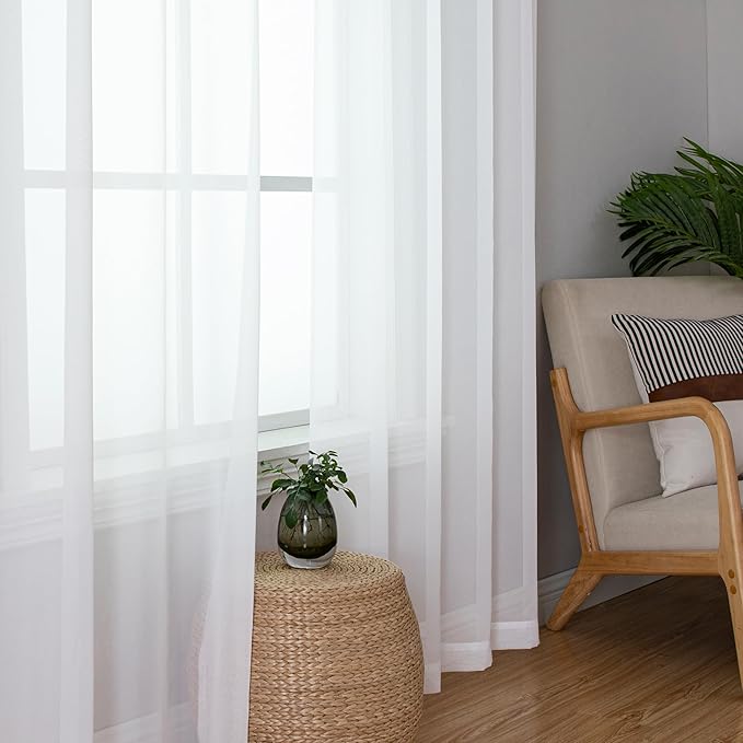 Simplebrand White Sheer Curtains 90 Inches Long, Light Filtering Rod Pocket Solid Color Window Sheer Curtain Panels, Elegant Curtains & Drapes for Living Room, Bedroom 2 Panels (White, 59" W x 90" L)