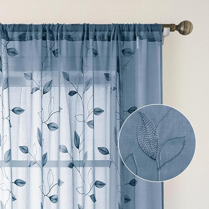 HOMEIDEAS Stone Blue Sheer Kitchen Curtains 52 x 45 Inch Length 2 Panels Embroidered Leaf Pattern Short Curtains for Bedroom Half Small Bathroom Window Rod Pocket Tiers