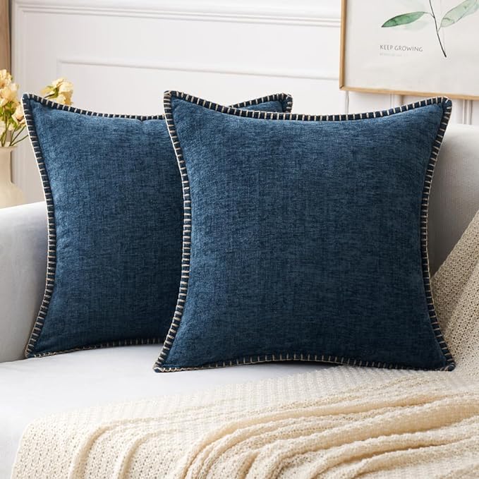 MIULEE Pack of 2 Couch Throw Pillow Covers 16x16 Inch Dark Blue Farmhouse Decorative Pillow Covers with Stitched Edge Soft Chenille Solid Dyed Spring Pillow Covers for Sofa Bed Living Room
