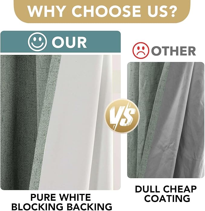 H.VERSAILTEX Linen Blackout Curtains 63 Inches Long 100% Blackout Thermal Insulated Textured Linen Look Curtain Draperies Anti-Rust Grommet, Energy Saving with White Liner, 2 Panels, Green Bay