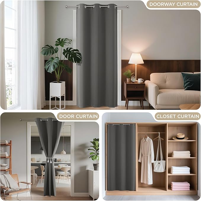 Joydeco Blackout Door Curtain for Doorway Privacy 108 Inches Long, Grommet Closet Curtain for Open Closet, Room Divider for Bedroom Living Room (Light Grey, 52Wx108L, 1 Panel)