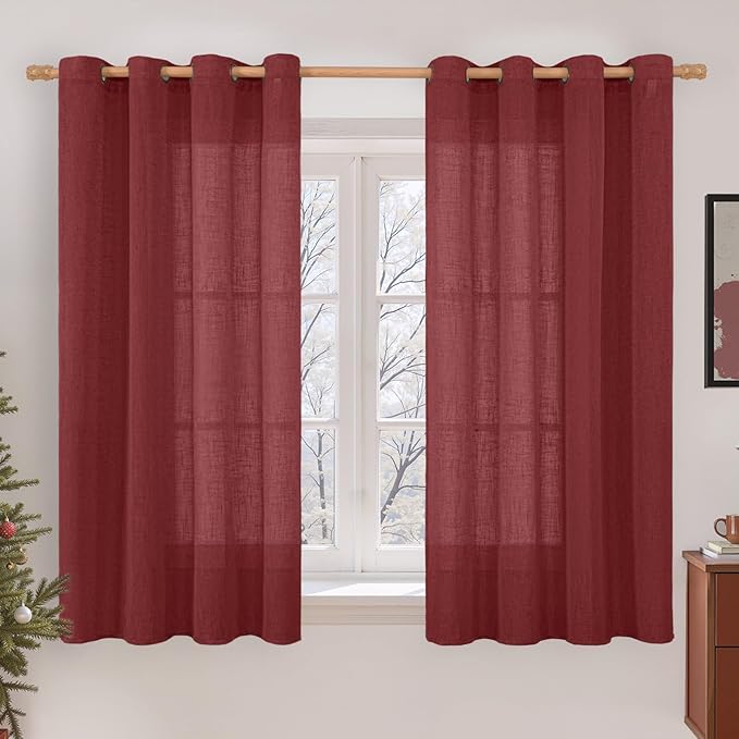 LAMIT Semi Sheer Linen Curtains 54 Inches Long for Bedroom, Light Filtering Boho Panels Bronze Grommet Christmas Decor Window Drapes for Windows/Farmhouse, Burgundy Red, 2 Panels, 52 x 54 Inch