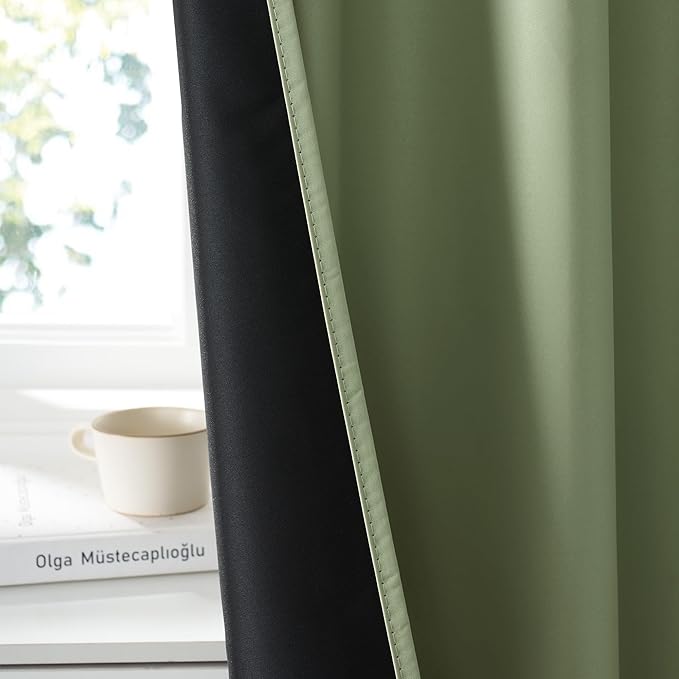 RYB HOME 100% Blackout Short Curtains for Small Window, Thermal Insulated Total Room Darkening Noise Reducing Curtains for Kitchen Bathroom Basement, 52 inches Wide by 36 inches Long, Sage Green