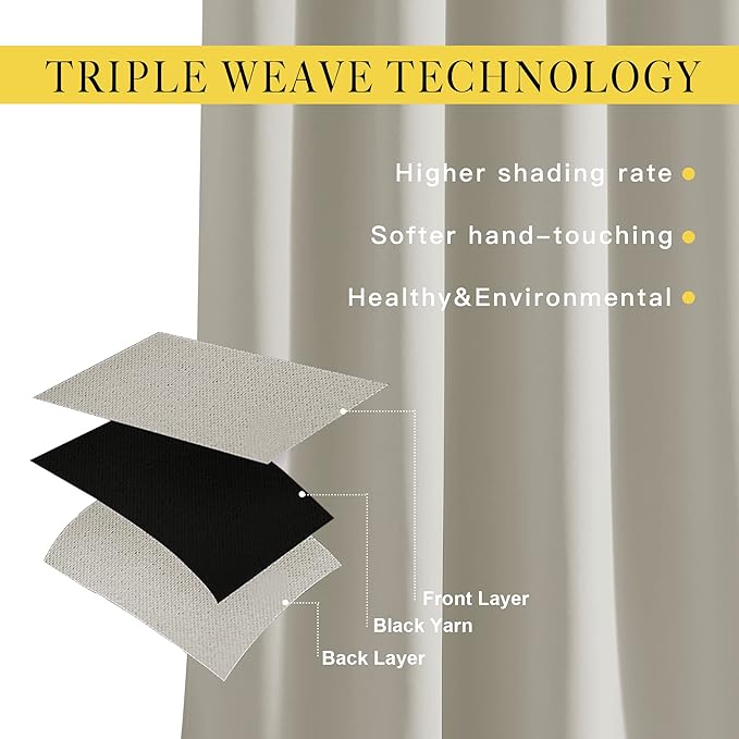 NICETOWN Blackout Natural Curtains & Drapes for Living Room - Thermal Insulated Solid Grommet Sound Reducing Energy Saving Privacy Window Treatments for Bedroom, 2 Panels, W37 x L84