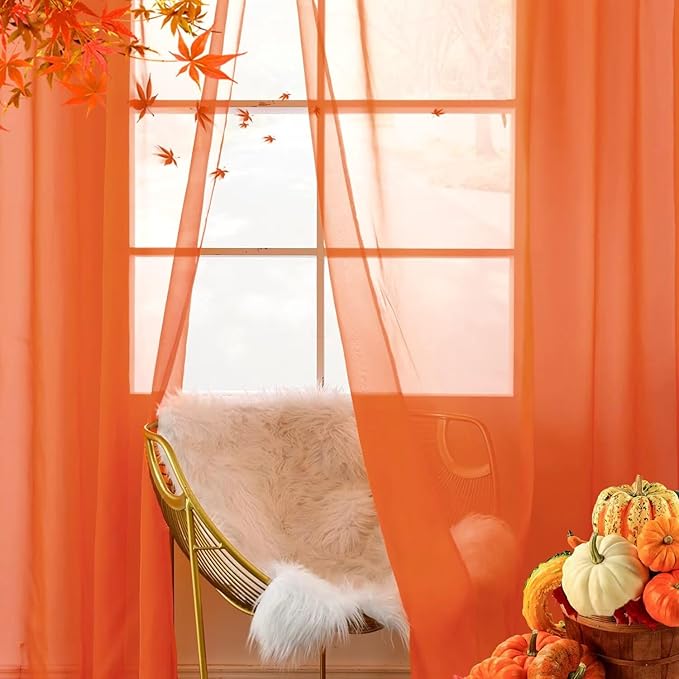 youleyar Solid Sheer Rod Pocket Curtain Voile Draperies 2 Panels White Beige Black Grey Coffee 52 Inch Width 54 Inch Long 1 Pair for Kitchen Bedroom Children Living Room Yard (Burnt Orange,52Wｘ54L)