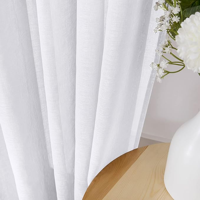 Tollpiz Sheer Tier Curtain Linen Textured Half Kitchen Curtains Sheer Light Filtering Rod Pocket Voile Small Curtains for Bathroom, 25 x 36 inches Long, White, Set of 2 Panels
