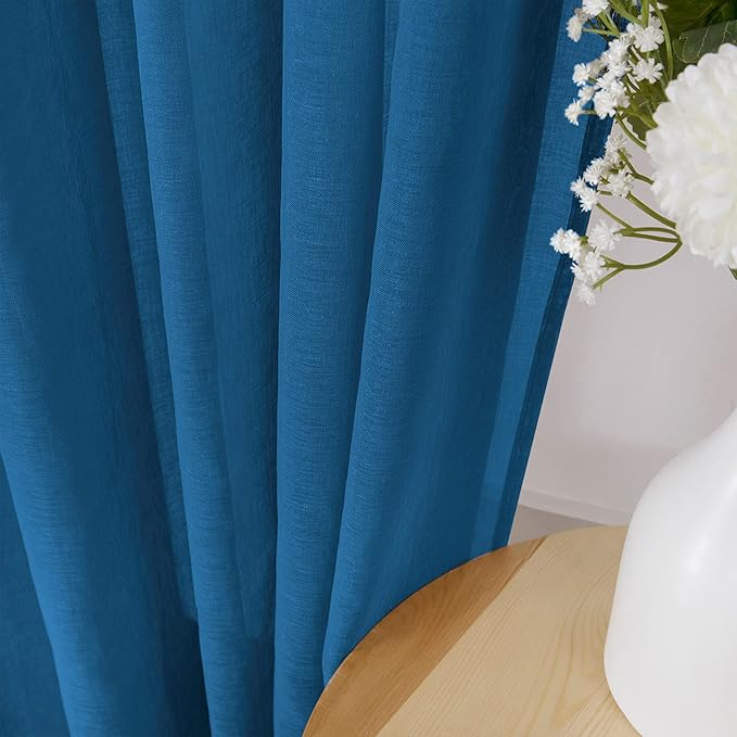 Tollpiz Sheer Curtain Linen Textured Bedroom Curtains Sheer Light Filtering Rod Pocket Voile Curtain for Living Room, 54 x 95 inches Long, Classic Blue, Set of 2 Panels