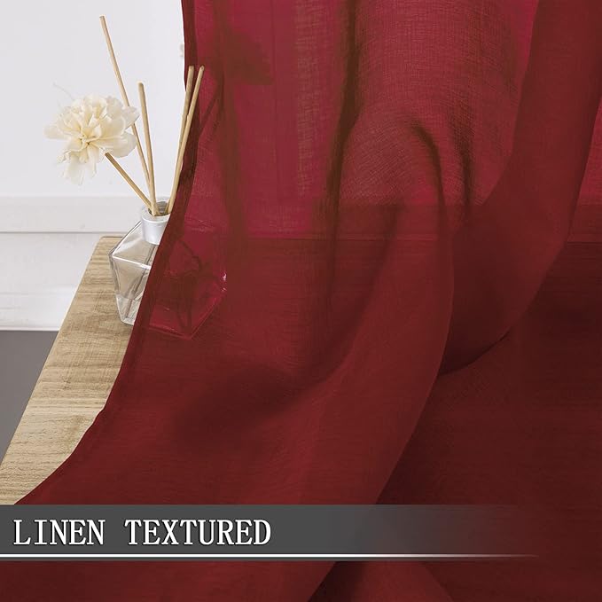 Tollpiz Sheer Curtains Linen Textured Bedroom Curtain Sheers Light Filtering Rod Pocket Voile Curtains for Living Room, 54 x 84 inches Long, Burgundy Red, Set of 2 Panels