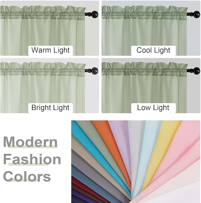 Cafe Curtains 36 Inch Length Tier 2 Pieces, Modern Soft Airy Sheer Kitchen Short Curtains for Small Window, Rod Pocket Small Curtain for Bathroom Basement, Light Green, 42" Wx36 L Inches