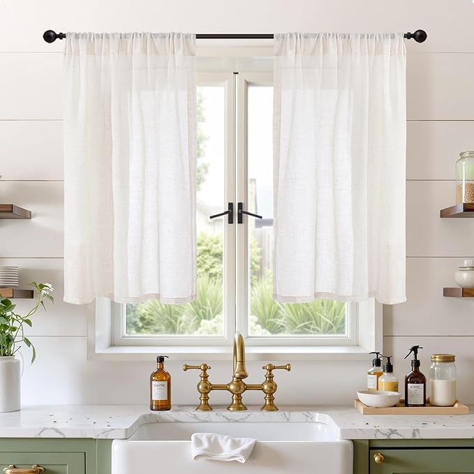 BGment Short Linen Curtains 45 Inch Length for Cafe Kitchen Windows - Rod Pocket Light Filtering Semi Sheer Drapes Textured Bedroom Decorative Lightweight Natural Rustic, 2 Panels Set, 30 X 45 Inch
