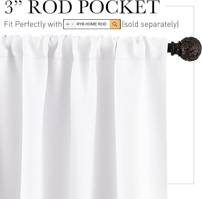RYB HOME Cafe Curtains 30 inch Length, Short Light UV Heat Blocking Energy Saving Privacy Curtain Tiers for Basement Bathroom Kitchen Window, Width 29 by Length 30, Pure White, 2 Panels