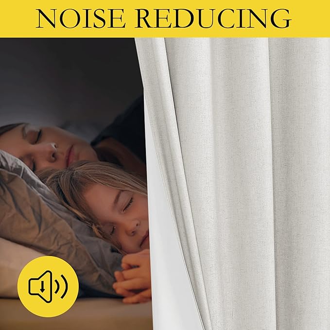 NICETOWN 100% Absolutely Blackout Linen Curtains with Thermal Insulated White Liner, Ivory, W52, 2 Pieces, Noise Reducing Textured Linen Look Curtains for Windows 90 inch Length for Classroom