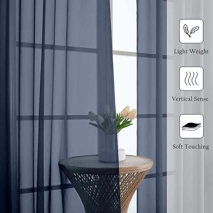 Lecloud Navy Blue Sheer Curtains for Living Room Decor 84 Inches Long 2 Pcs, Light Filtering Airy Voile Bedroom Curtains, Window Treatments Rod Pocket Drapes for Dining Room, Each Panel 59" W x 84" L