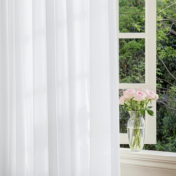 FMFUNCTEX Sheer Non-See-Through White Curtains for Bedroom, Faux Silk that Let Light Curtains 108 inches Long Light Filtering Privacy Sheer Window Drapes for Living Room, Rod Pocket 2 Panels Set