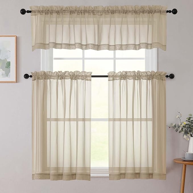 Kitchen Curtains 24 Inch Length Tier 2 Pieces, Taupe Sheer Curtain Solid Soft Sheer Short Curtains for Windows, Cafe Bathroom Basement Rod Pocket Drapes, Taupe, Each 42" Wx24 L Inches