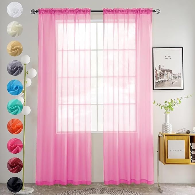 youleyar Solid Sheer Rod Pocket Curtain Voile Draperies 2 Panels White Beige Black Grey Coffee 52 Inch Width 45 Inch Long 1 Pair for Kitchen Bedroom Children Living Room Yard (New Pink,52Wｘ45L)