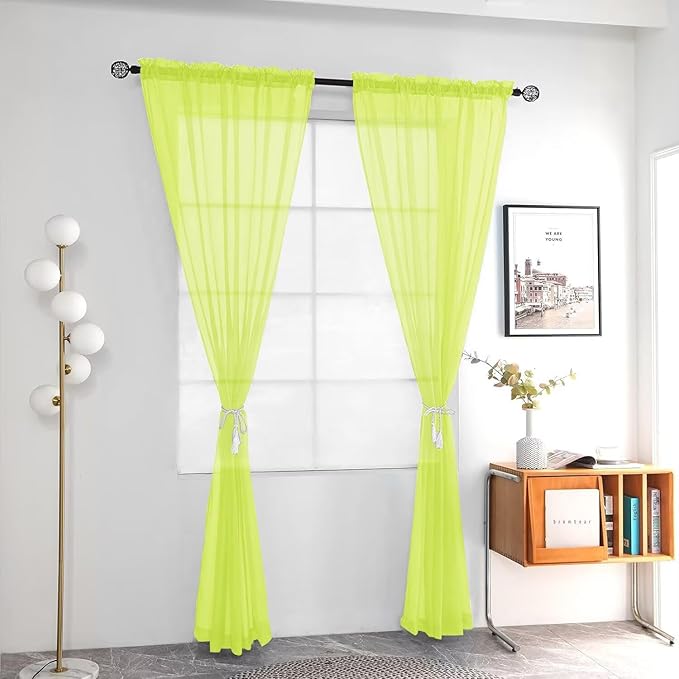 youleyar Solid Sheer Rod Pocket Curtain Voile Draperies 2 Panels White Beige Black Grey Ivory 52 Inch Width 108 Inch Long 1 Pair for Kitchen Bedroom Children Living Room Yard (Chartreuse,52Wｘ108L)