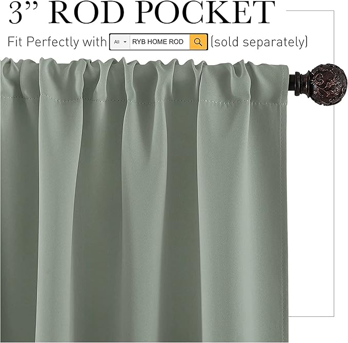 RYB HOME Blackout Cafe Curtains 30 inch Length, Short Light UV Heat Blocking Energy Saving Privacy Curtain Tiers for Basement Bathroom Kitchen Window, Width 29 by Length 30, Greyish Green, 2 Panels