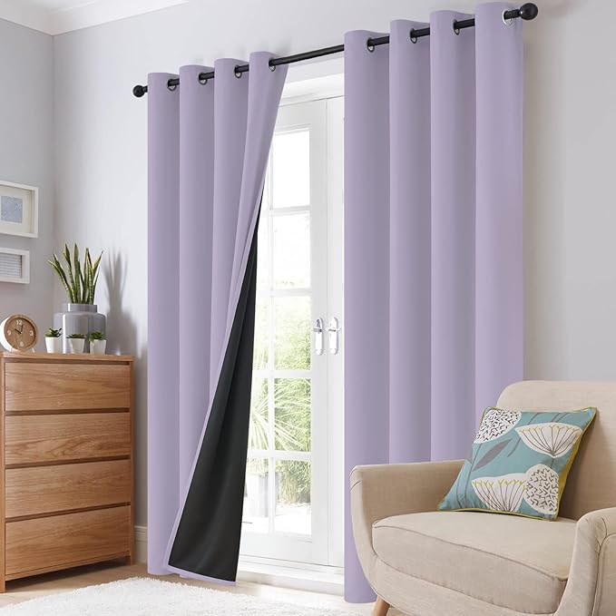 SimpleHome 100% Blackout Curtains for Bedroom,Thermal Insulated Lilac Grommet Window Drapes Room Darkening Curtains for Living Room with Black Back,62 x 63 Inch,2 Panels