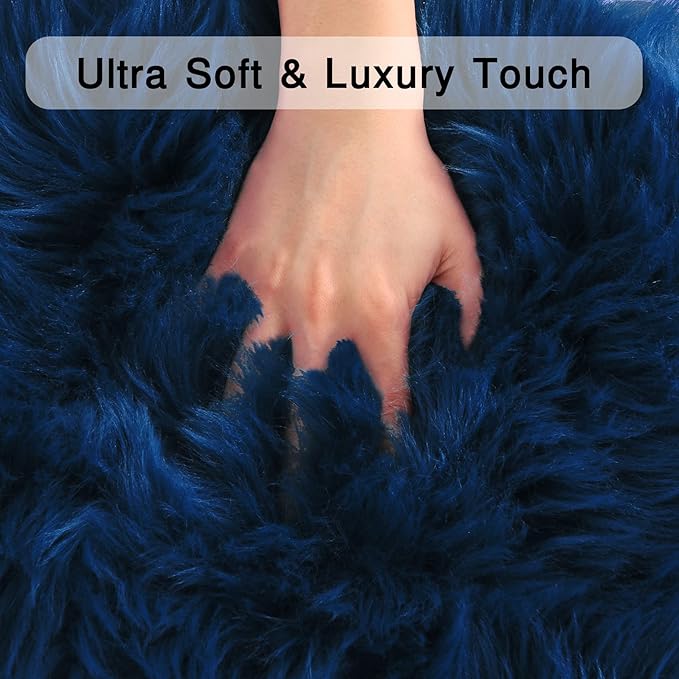 duduta Navy Blue Faux Sheepskin Throw Rug 2x3 ft, Fluffy Shag Fur Chair Cover Small Bedside Dorm Rug Non Slip Machine Washable