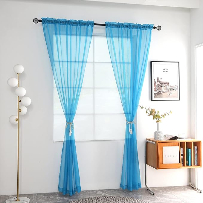 youleyar Solid Sheer Rod Pocket Curtain Voile Draperies 2 Panels White Beige Black Grey Coffee 52 Inch Width 63 Inch Long 1 Pair for Kitchen Bedroom Children Living Room Yard (Cyan Blue,52Wｘ63L)