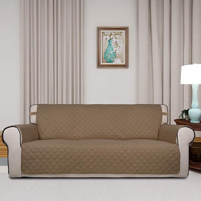 PureFit Reversible Quilted Sofa Cover, Water Resistant Slipcover Furniture Protector, Washable Couch Cover with Non Slip Foam and Elastic Straps for Kids, Dogs, Pets (X Large , Camel/Ivory)