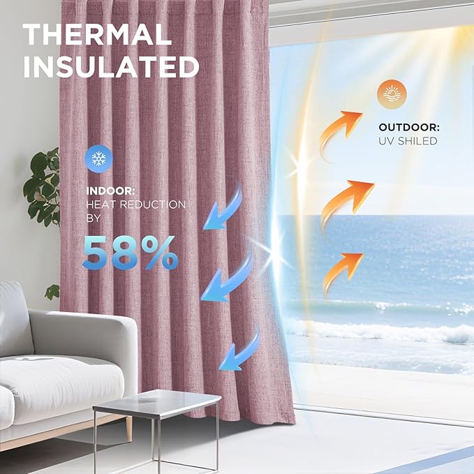 Joydeco Linen Blackout Curtains for Bedroom - 100% Light Blocking 1 Panels, Pink Drapes 70" W x 96" L, Thermal Insulated Room Darkening Curtains for Living Room, Rod Pocket & Back Tabs