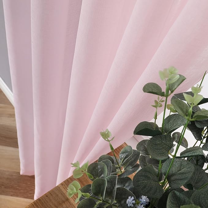 Tollpiz Sheer Curtains Bedroom Linen Textured Curtain Sheers Light Filtering Voile Rod Pocket Curtains for Living Room, 38 x 84 inches Long, Pink, Set of 2 Panels